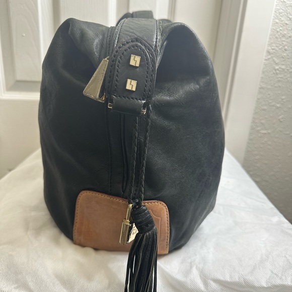 L.A.M.B. Y2K Vintage Black Leather Tan White Stripe Shoulder Bag - Picture 10 of 12